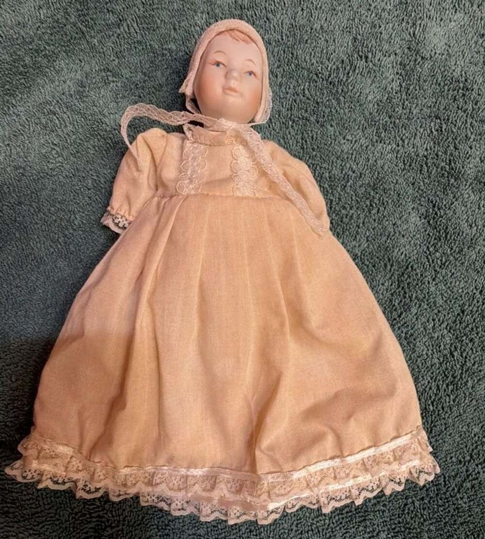 Vintage Bisque Porcelain Head Doll with Pink Dress and Bonnet